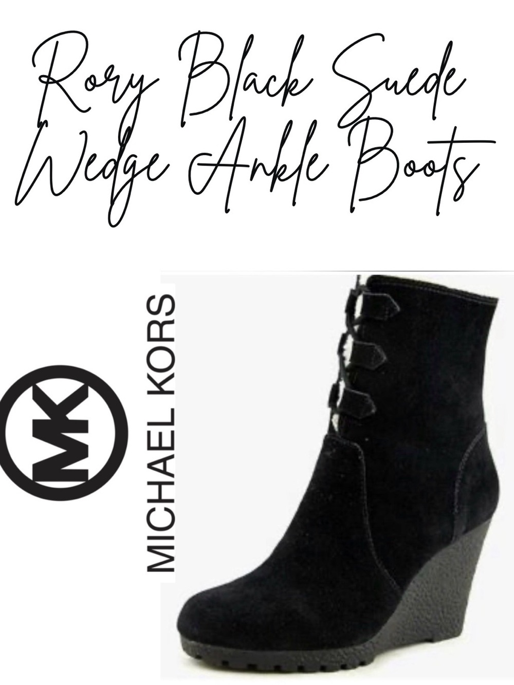 Michael Kors Rory Wedge Ankle Boots Black Suede Fur Lined - Size 8